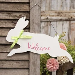 Checkered bed skirts for a classic pattern"Welcome" Hanging Jumping Bunny Sign