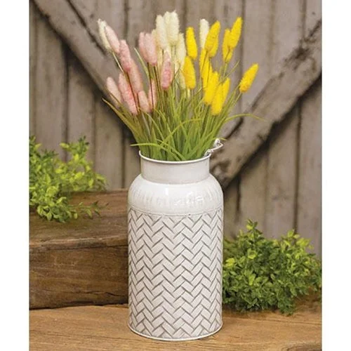 Full - size bed skirts with a gathered fabricDistressed White Metal Basket Weave Milk Can