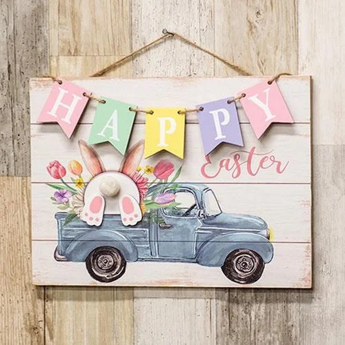 Bed skirts with a contemporary styleHappy Easter Banner Bunny Truck Hanging Wood Sign