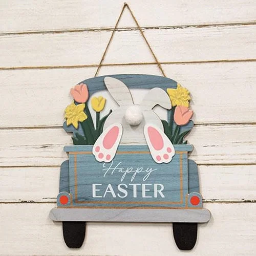 Bed skirts with a multi - colored patternHappy Easter Bunny Butt Truck Hanging Wood Sign