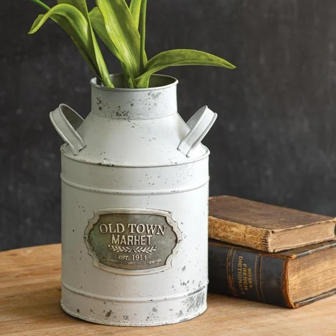 Bed skirts with a scalloped hem for a charming detailOld Town Market Distressed White Milk Can