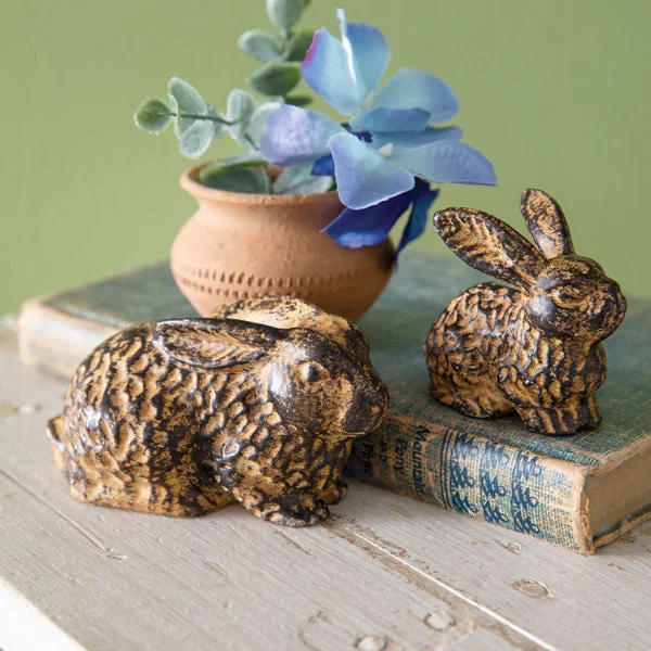 Bed skirts with a modern art - inspired printSet of Two Rustic Bunny Figurines