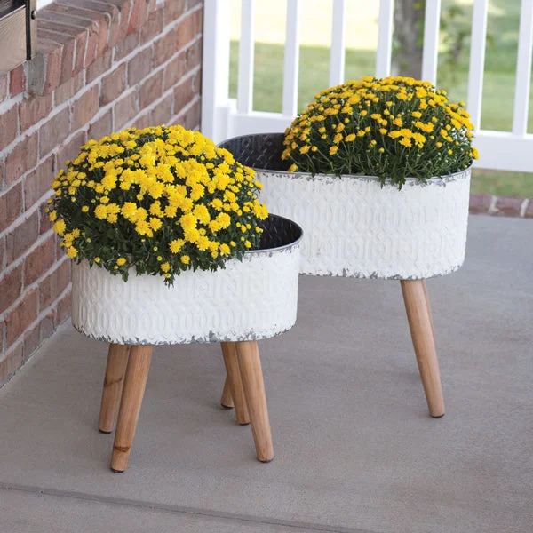 Bed skirts with a beach - themed printSet of Two Embossed Metal Planters with Wood Legs