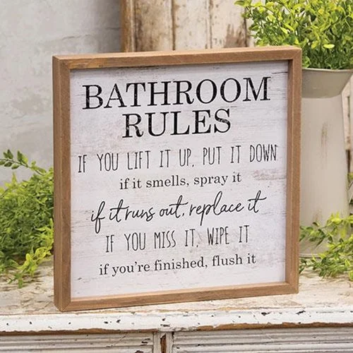 Bed skirts in neutral colors for easy pairingBathroom Rules Distressed Look Framed Sign